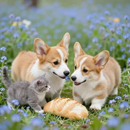 Corgi puppies playing with kittens and bread at the field full of forget-me-not flowers