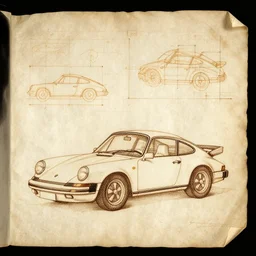 ancient technical schematics on parchment by leonardo da vinci of a porsche 9 1 1