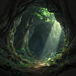 A beautiful ultradetailed anime illustration of an underground cave filled with trees and a dim light shining in from the right, anime art wallpaper 4k, trending on artstation