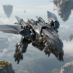 flying enigmatic creature wearing military grade low-poly carbon plate, water-cooled armor, glistening, sleek finish, elaborate detail, dual-core hydraulic units, bullet-proof, floating island backdrop, 4k, high quality photo, 33mm