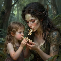 forest sensual woman and her daughter eating animal in the forest, digital art, artwork, hihgky detailed face, thomas kindkade, fantasy, intricate
