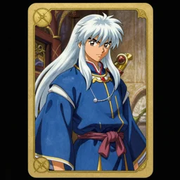 card art of a young man wizard with long white hair wearing blue and golden robes, makoto shinkai, very detailed, matte, tonemapping, bbwchan, perfection, 4K, William-Adolphe Bouguereau