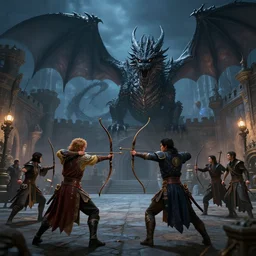 an archer fighting against a huge black dragon on a medieval palace courtyard at night, high quality, epic, dnd, rpg, fantasy art, artstation, dramatic lighting, by borderlands and by feng zhu and loish and laurie greasley, victo ngai, andreas rocha, john harris