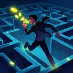 Gamebox art of a psychotic man running through a neon maze. He runs into floating glowing yellow pills and eats them. Trending on artstation.