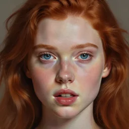 hyper realistic painting portrait of a redhead girl, biting her lip with beautiful blue eyes, hyper detailed face by stjepan sejic, by norman rockwell, by michael hussar