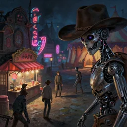 close - up of cowboy cyborgs exploring small town amusement, blacklight neon signs, food stalls, gothic big top circus tent, highly detailed, nightmare, neo japan, digital painting, concept art, matte, art by ruan jia and wlop and greg rutkowski and makoto shinkai, masterpiece