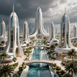 futuristic utopian metropolis in paradise, canals, bridges, white marble and crystal buildings, tropical, palm trees, by jaime jasso and leon tukker, photography, cinematic lighting, octane render, artstation