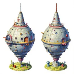 incredibly detailed isometric bulbous spaceship model in gouache clean lines detailed bright funny paintings rotated left rotated right props stylised hieronymus bosch