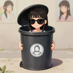 full view, from a distance, of an anthropomorphic trashcan who is an taiwanese girl wearing sunglasses, style of yoshii chie and hikari shimoda and martine johanna, highly detailed