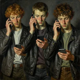 surrealist painting of humans addicted to mobile phones, amazing detail