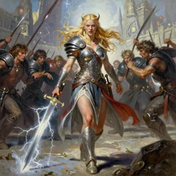 A mixed media painting of the beautiful blonde viking goddess of war with a sword of lightning walking into battle, very aesthetic, detailed face, by Frank Frazetta, Greg Rutkowski, Boris Vallejo, Beeple, Yoko Taro, Christian MacNevin, epic fantasy character art, goddess of anger, viking runes, high fantasy, CGsociety, full length, exquisite detail, post-processing, low angle, masterpiece, cinematic, odin's stone arena background