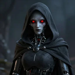 A robotic character with red eyes, a dark hood and cloak, ominous, 8k, render