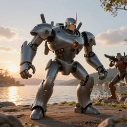 Ralph Bakshi Style Micronauts Cartoon With Mecha Designs By Syd Mead, battle near a lakeside, sunrise, octane render, 8K, HDR, volumetric lighting, hyperrealistic