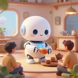 cute house robot making tea for a human friend, highly detailed, hyperrealistic, artstation, artstation, cheerful, utopia, scifi, futuristic house interior, masterpiece, 4 k, art by ivan laliashvili and nicholas cort and eddie mendoza and edward denton