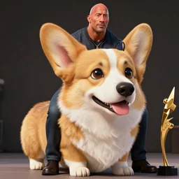 photo of dwayne johnson riding a giant corgi, highly - detailed, sharp focus, award - winning