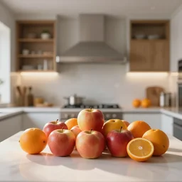 fresh fruit apples and oranges in modern kitchen, sharp focus, ffxiv, neo classic, bloom, movie still, sony, symmetrical, depth of field, architect, better homes, lens flare, studio light, octane render, home decor, unreal engine, traditional, vsco, bokeh, 8 k
