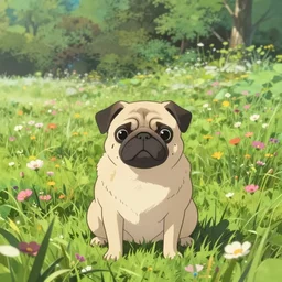 a happy pug, single subject, peaceful flower meadow with some trees in the background, scenic full shot, ambient lighting, detailed face, by makoto shinkai, stanley artgerm lau, wlop, rossdraws