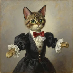 portrait of a proud and fashionable antique cat puppet, by alfred pellan, oil on canvas