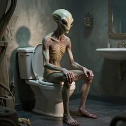 HP Lovecraft alien sitting on the toilet. Color photograph from modern sci-fi film.