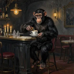Gothic painting of a chimpanzee serving coffee as a barista, in a night-time old-fashioned New York Cafe, candlelight, full shot