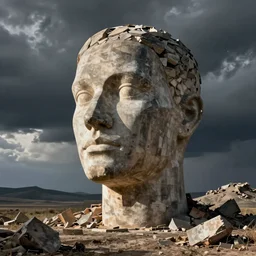 hyperrealstic surrealism landscape, giant mannequin head ruins by alex gross