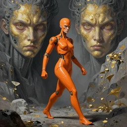 very angry annoying orange well proportioned pacing to cliffs by eddie mendoza hyperrealism expressive eyes cyborgess symmetrical very very detailed giger beksinski grey and gold