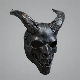 This horned mask of glossy ebony has horns and a skull-like mien. digital art, WLOP