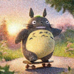 a wholesome cottagecore illustration of a happy cartoon Totoro Skateboarding, studio Ghibli, Pixar and Disney animation, sharp, Rendered in Redshift and Unreal Engine 5 by Greg Rutkowski, Bloom, dramatic lighting, sunrise