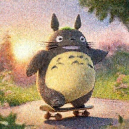 a wholesome cottagecore illustration of a happy cartoon Totoro Skateboarding, studio Ghibli, Pixar and Disney animation, sharp, Rendered in Redshift and Unreal Engine 5 by Greg Rutkowski, Bloom, dramatic lighting, sunrise