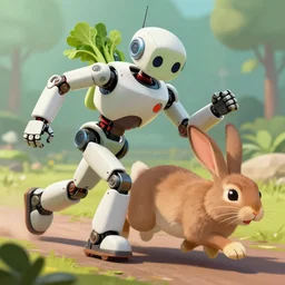 a vegetable robot being chased by a ferocious rabbit detailed, 8 k, trending on artstation, award - winning art,