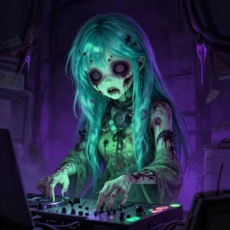 super detailed 8 0's horror art of a glowing green and purple pretty zombie korean girl, dj sura, teal hair,