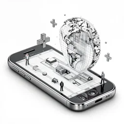 a mobile phone with a world popping half out of the mobile screen in 4 d, blueprint, 4 d, detailed and intricate 4 5 degree isometric cross john berkey and vincent di fate and ralph mcquarrie abd maurits cornelis