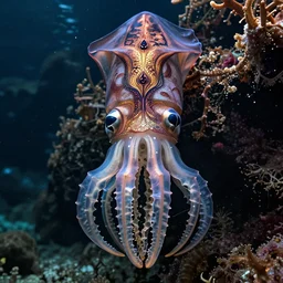 hyper realistic photography of intricate deep sea medusa squid hybrid cinematic, symmetric detailed,