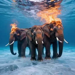fire elephants of ice inside a lake of acid, underwater