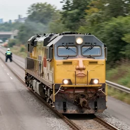 a train with a human face attached to the front speeding down the interstate highway with police behind him 8 k