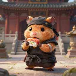 anthropomorphic hamster ninja eating sushi, ninja outfit, standing in a buddhist temple, cute and adorable, dnd character art portrait, matte fantasy painting, deviantart artstation, by jason felix by steve argyle by tyler jacobson by peter mohrbacher, cinematic lighting