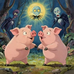 trippy comic art of a pig fighting in Tim Burtons style Studio Ghibli by Alex Pardee, Nekro Petros Afshar, and James McDermott, unstirred paint, vivid color, cgsociety 4K