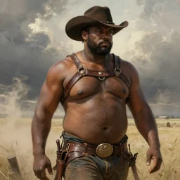 a beautiful dramatic epic painting of a thicc chunky shirtless handsome black man | he is wearing a leather harness and cowboy hat | prairie setting, dust clouds | homoerotic, highly detailed, dramatic lighting | by Mark Maggiori, by William Herbert Dunton, by Charles Marion Russell | trending on artstation