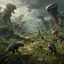 A post-apocalyptic world where nature has reclaimed the earth and strange mutated creatures roam the land,