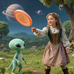 detailed, sharp, a boy and a girl playing frisbee with their cute pet humanoid alien, wearing 1850s era clothes, in a park on an alien planet, extremely highly detailed,  hyperrealistic, highly detailed faces, 70 mm still from a period sci fi color movie, 4k, HD, cinematic lighting