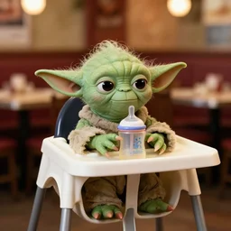 yoda sitting in a high chair at a table in the restaurant outback steakhouse, sippy cup, annoyed, 3 5 mm, f / 2. 8