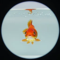 a goldfish swimming up to the camera, fisheye lens, photo