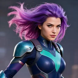 a stunning high shutter speed action upper body portrait of a beautiful woman with a ombre purple pink hairstyle with head in motion and hair flying while wearing futuristic navy blue and teal battle bodyarmor and pauldrons by marvel comics, outrun, vaporware, action photography, highly detailed, fine detail, intricate, digital art, trending on artstation