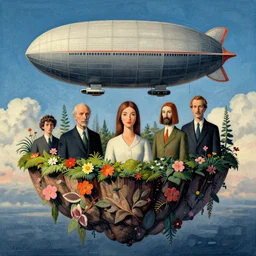 surreal glimpse into other universe, airship floating, sky island, summer morning, very coherent and colorful high contrast, art by! gediminas pranckevicius, rene magritte! paul klee geof darrow, volumetric lighting, cinematic, floralpunk screen printing woodblock, dark shadows, hard lighting, stipple brush