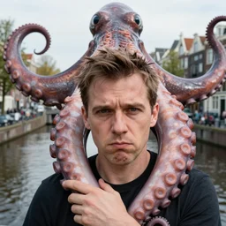 closeup portrait of a not amused man grabbed by a giant kraken tentacle in an amsterdam canal, huge kraken, photograph, natural light, sharp, detailed face, magazine, press, photo, steve mccurry, david lazar, canon, nikon, focus