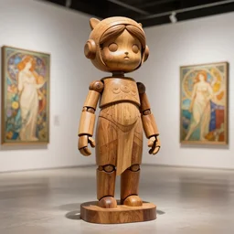 octane render ultra photorealistic hyper detailed, a very very cute wooden mystical statue robot of the roman godess space, trending on cgsociety, in a contemporary art gallery in neo tokyo artwork by alphonse mucha