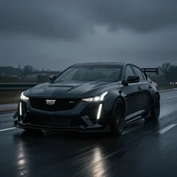 black cadillac blackwing 2023. ct5-v GT3 Performance modified large spoiler, big front lip, wide bodied, car driving on dimly lit street overcast skies raining. headlights illuminating road, volumetric lighting cinematic vray photo muted colors dark cinematic. dark photo. front side view uncropped centered. artstation trending dramatic harsh lighting low exposure, motion blur, dof
