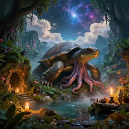 fantasy fairytale story, great leviathan cyborg, turtle, hybrid, cephalopod, reptilian, squid terrapin, cthulhu, mysterious island universe, cozy, hot springs cave, forest, candlelight, natural light, lush plants and flowers, mountains, bright clouds, luminous stellar sky, outer celestial worlds, intense fantasy atmospheric lighting, hyper realistic, golden hour, jessica rossier, michael cheval, michael whelan, unreal engine, hd,