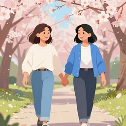 “ two transgender lesbians happily walking together in a park holding hands with cherry blossoms in the air, digital art ”
