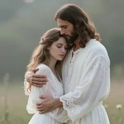 married couple, jesus hugging a woman, spirit hugs, in style of paolo roversi, britt marling style 3 / 4, a beautiful ethereal lace white robe, 8 k, soft focus, soft light, volumetric lighting, highly detailed realistic, refined, highly detailed, natural outdoor soft pastel lighting colors scheme